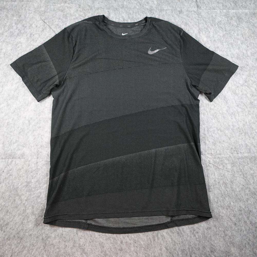 Nike Top Mens Large Black Dri Fit Striped Running Tee Gym Performance Workout